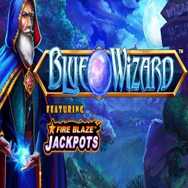Blue Wizard Fire Blaze Jackpots slot logo by Rarestone Gaming at Wonaco Casino